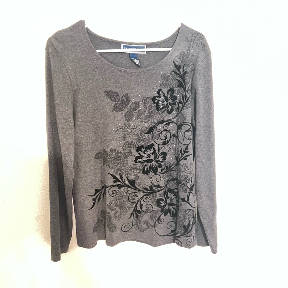 Karen Scott Charcoal Floral Long Sleeve Blouse